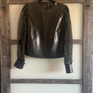 Sheer-Sleeve Faux Leather Top in Black